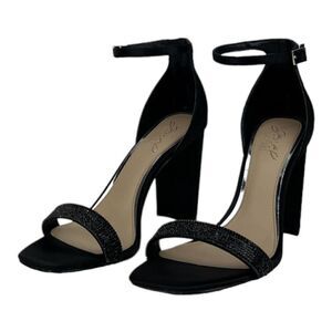 New Women Jewel Badgley Mischka Black Satin Block Heel Sandals US 8.5